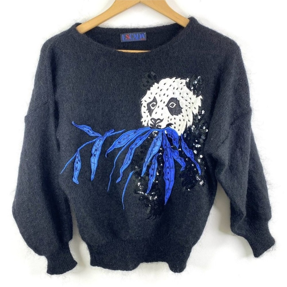 Escada Black Sweater with Panda and Blue Leaves